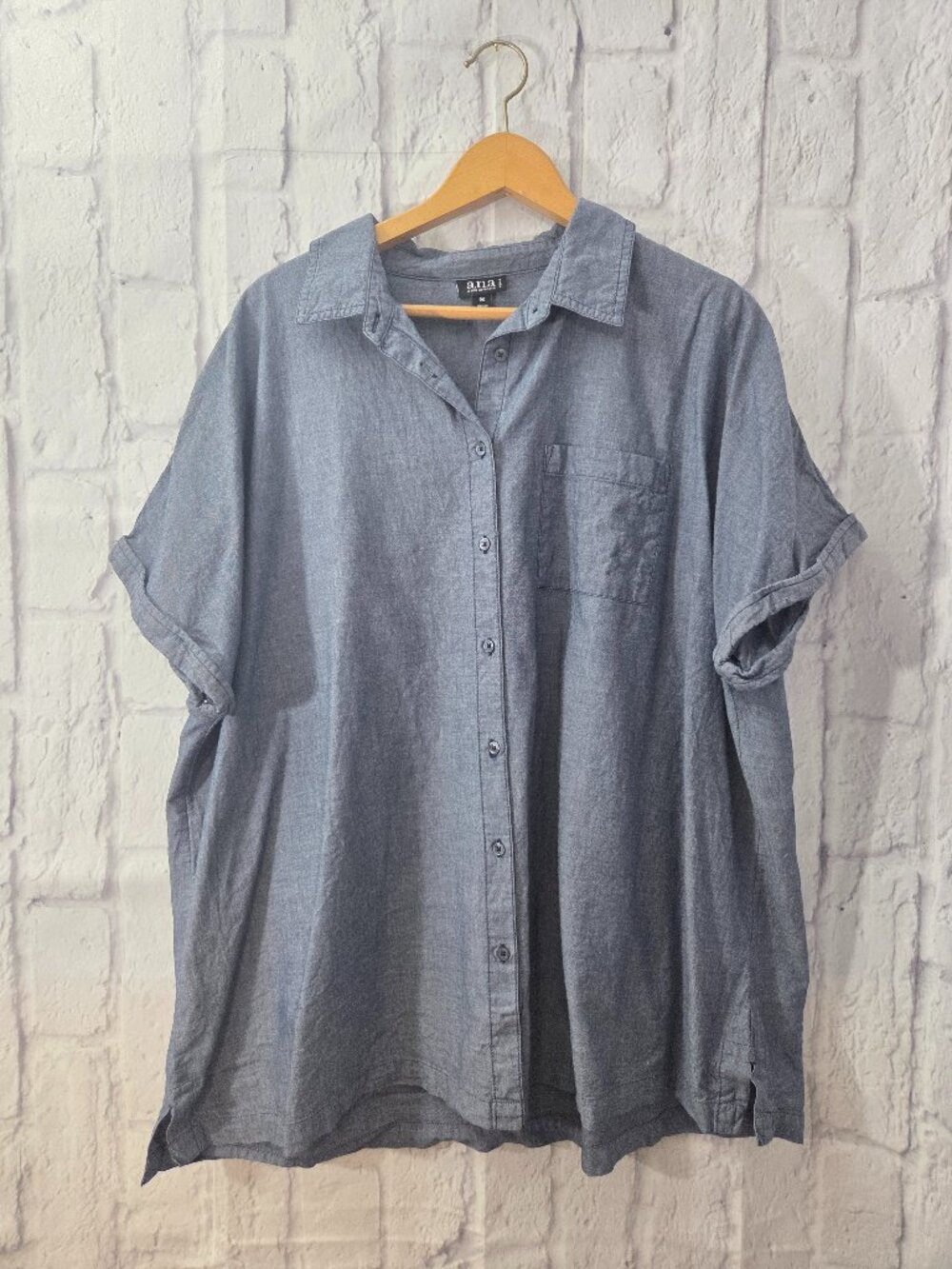 A.n.a. Woman 0X Light Blue Collared Button Front Lightweight Cuffed Blouse